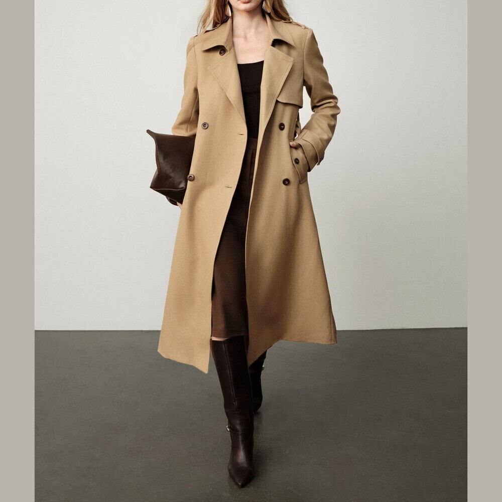 Tan Double Breasted Lapel Belted Midi Trench Coat
